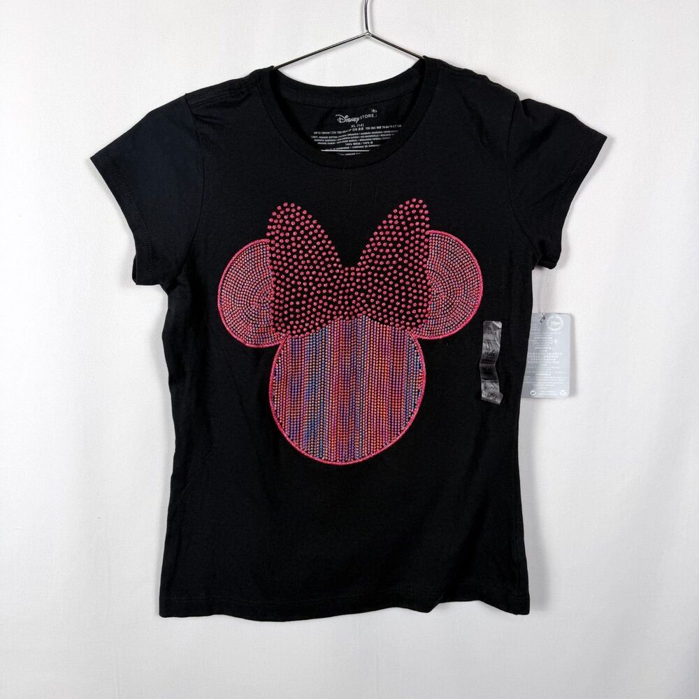 Disney Store Girls Graphic Tee XL Black Rhinestone Outline Minnie Mouse Bow
